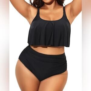 Aqua Eve Tankini Womens Size 24W Black Ruffles Tankini Bathing Suit Swim Beach